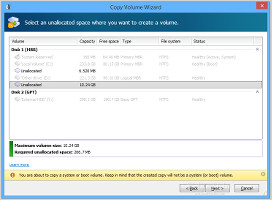 Showing the options for copying volumes  in Acronis Disk Director
